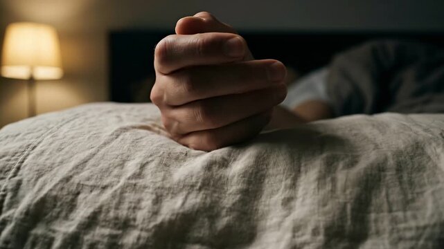 Man lying restless in bed with hands gripping pillow. Sequence shows clenching then pushing cushion during night struggle. Insomnia and sleep discomfort concept in dim bedroom