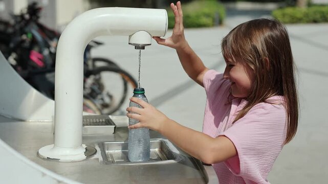 Young girl refills water bottle at outdoor dispenser, showing hydration and environmental impact.