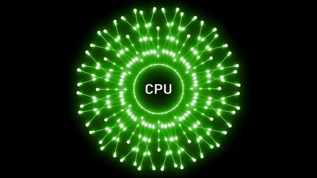 Central processing unit concept with radiating green neon lights and connecting nodes forming a circular pattern against a dark black background symbolizing digital technology and data flow