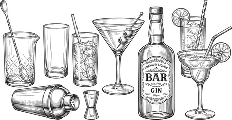 Vintage cocktail bar equipment set, martini glass shaker gin bottle drink illustration vector collection isolated