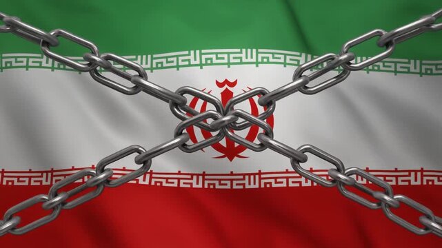 Iran national flag with heavy chains crossing in &ldquo;X&rdquo; shape, central emblem obscured, symbolic representation of restriction, sanctions, political constraint, vivid colors, powerful visual metaphor.