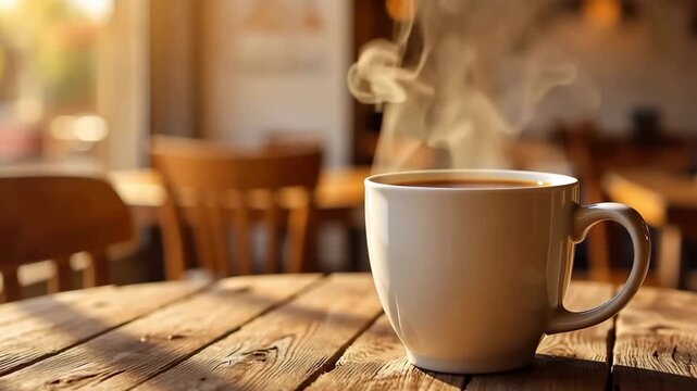 White ceramic coffee cup with steaming hot beverage rests on a rustic wooden table in a sunlit cozy cafe environment.