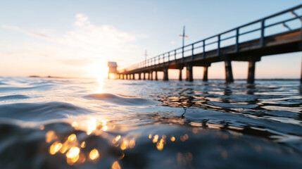 Fototapeta premium Ocean water with bokeh sun glare, creating a peaceful scene looking towards a wooden pier reaching out under an evening sky