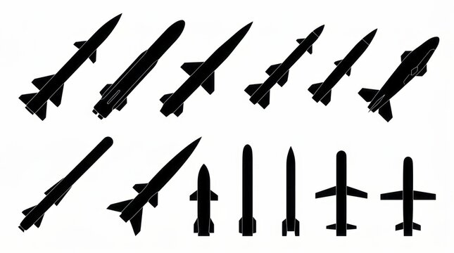 Collection of Missile Silhouettes on White Background, Military Weaponry