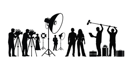 Black silhouette group of professional film crew members working on a movie production set scene © ARSM D