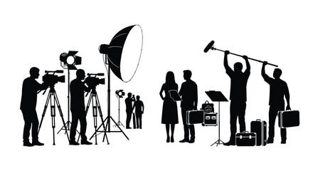 Silhouettes of a professional film production crew working with cameras lighting and boom audio © ARSM D