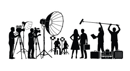 A silhouette collection of professional film production crew members working on a busy movie set © ARSM D