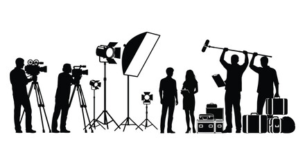 A silhouette collection of professional film crew members working with cameras and lighting gear © ARSM D
