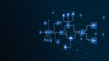 Obraz premium AI workflow automation artificial intelligence. ai agent network diagram with automated process flow, cloud integration, data routing, and automation flow.