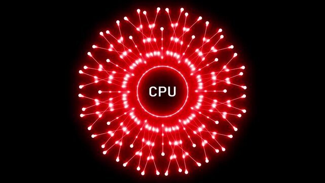 Central processing unit concept with radiating red neon lights and connecting nodes forming a circular pattern against a dark black background symbolizing digital technology and data flow