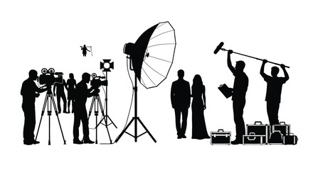 Professional film production crew silhouette with cameras lighting equipment and sound technicians © ARSM D