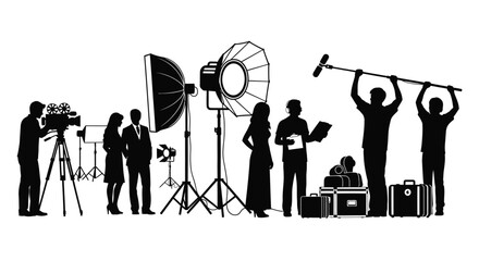 Black silhouette of a film production crew working with cameras lighting equipment and boom mics © ARSM D