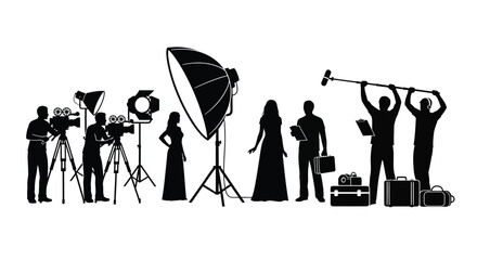 Professional film production crew working on a set with cameras lighting equipment and sound booms © ARSM D