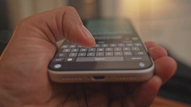 Man hands chatting and typing on smartphone macro closeup. Unrecognizable human typing text message tapping touchscreen keyboard using whatsapp application a social media