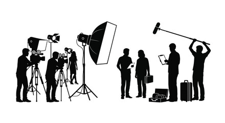 A professional film production crew working on a set with cameras lighting equipment and boom mics © ARSM D
