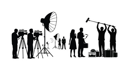 Silhouettes of a professional film production crew working on a movie set with lights and cameras © ARSM D