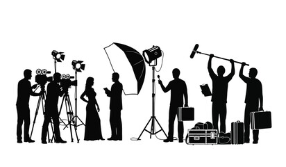 Black silhouette of a professional film production crew working on a movie set with camera equipment © ARSM D