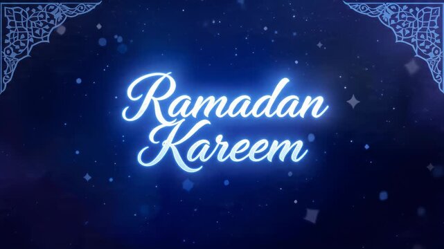 Elegant Neon Light Ramadan Kareem Greeting with Starry Night Sky and Decorative Pattern Borders