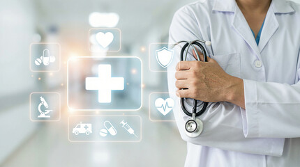 doctor with stethoscope and virtual hologram screen interface