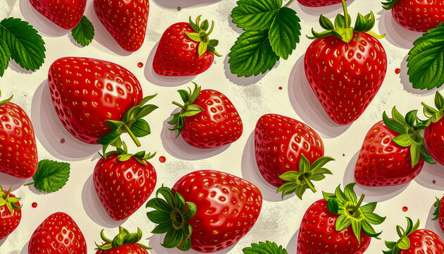Patr&oacute;n repetitivo de fresas rojas frescas con hojas verdes. Fondo colorido perfecto para dise&ntilde;o gastron&oacute;mico y packaging.
