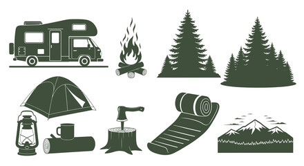 Fototapeta premium Camping Icons RV Tent Campfire Trees Sleeping Bag Mountains Vector Art