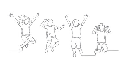 Fototapeta premium Kids jumping, happy, playful, celebrating, line art, vector