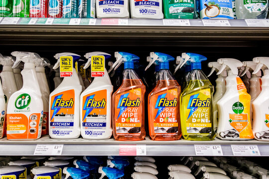 London UK, March 14 2026, Selection Of Supermarket Domestic Household Kitchen Cleaning Products