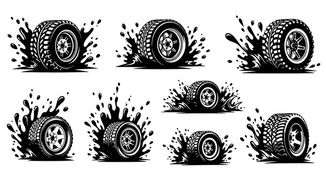 Black and White Tires Splashing Water Vector Art