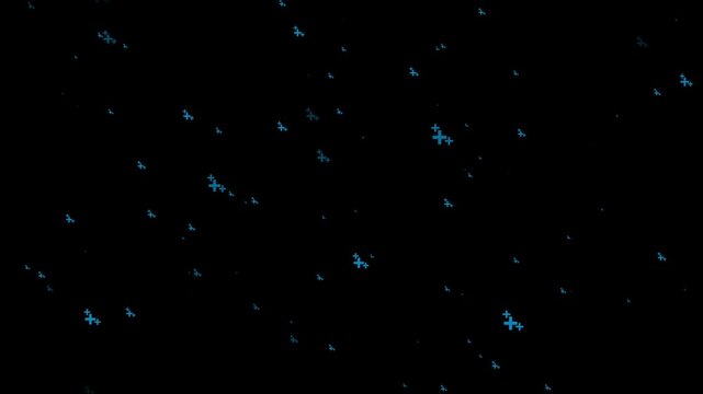 Scattered pixelated plus symbols in shades of deep teal blue and cyan against a solid black background creating a sparse abstract pattern with varying sizes and densities of the small shapes and