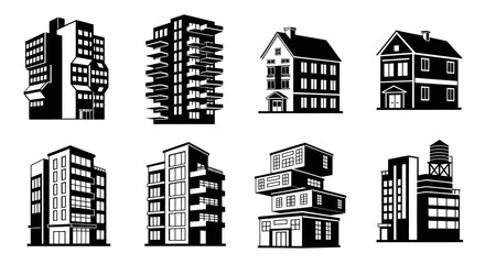Obraz premium Black and White Vector Icons of Various Buildings, Architectural Styles