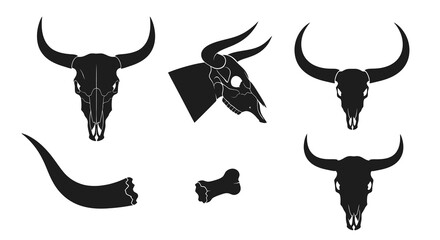 Obraz premium Black Silhouette Cow Skulls and Bone Illustration, Western Wild West Art