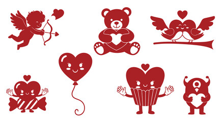 Obraz premium Valentine's Day Icons: Cupid, Teddy Bear, Love Birds, Hearts, Cupcake, Monster