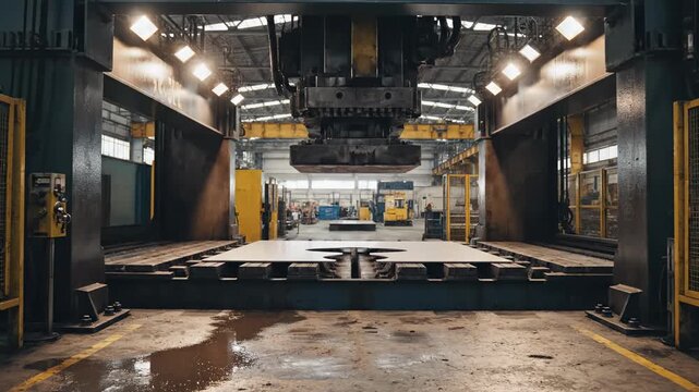 This video features Metal Press Machine &ndash; Heavy press impact, factory floor, showcasing industrial manufacturing power, precision engineering and automated production environment for commercial