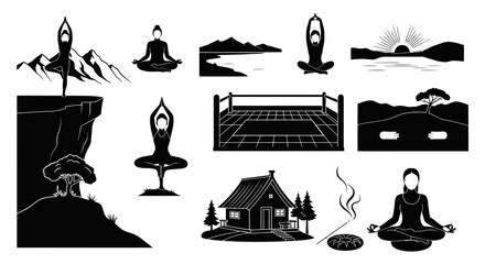 Obraz premium Yoga Silhouette Collection: Meditation, Nature, Mountains, Cabin, Sunrise