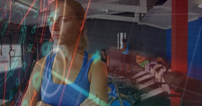 Trainer in blue tank coaching cardio machines overlay sweeping away revealing face