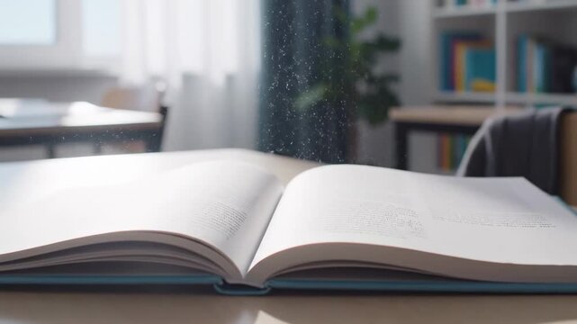 Video of open study book in bright interior with subtle page motion and airy daylight glow, modern learning concept, reading habit and academic productivity visual.