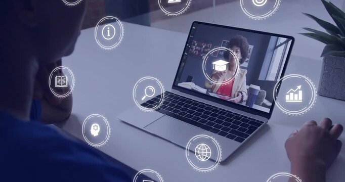 Vertical video: Learner viewing laptop as presenter talking, icons drifting, showing education cues