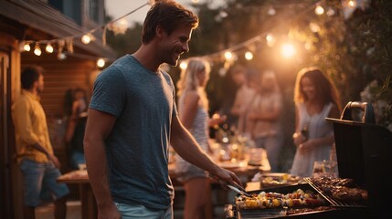 Man grilling food on a barbecue, enjoying a summer evening backyard party with friends, celebrating and socializing under warm string lights