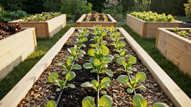 This video showcases aligned wooden raised beds in a well-maintained garden space, urban farming concept, small-scale cultivation theme, and modern outdoor design aesthetic.