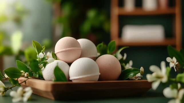 Stack of assorted bath bombs on wooden tray, surrounded by flowers and leaves