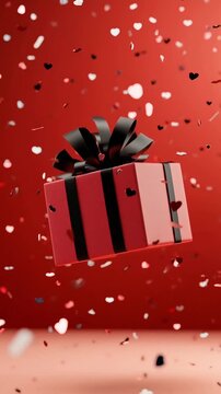 Valentine&rsquo;s Day gift box with sparkling confetti exploding around, bright festive colors, soft bokeh, vertical,