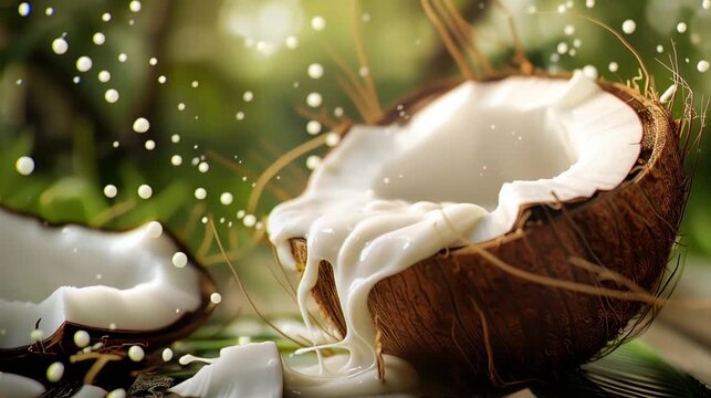 coconut on the beach, Whole coconut resting on sandy beach with ocean waves and palms, soft morning sunlight, detailed textured brown shell	
