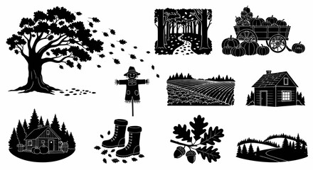Obraz premium Autumn Scene Vector Icons: Tree, Scarecrow, Pumpkins, Farm, Forest, Boots