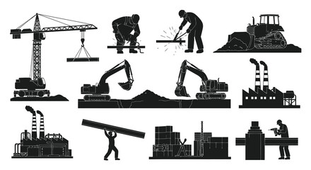Obraz premium Construction Industry Vector Icons: Crane, Excavator, Factory, Worker, Builder