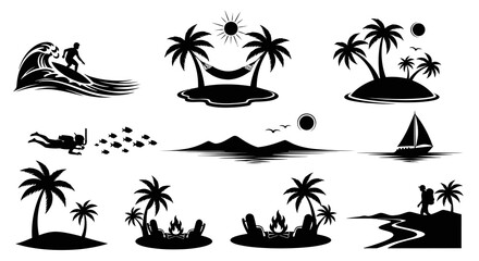 Obraz premium Black White Summer Vacation Beach Icons