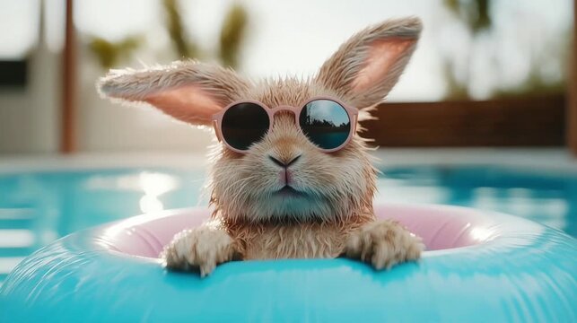 Fluffy white rabbit wearing small round sunglasses, sitting on a pastel inflatable ring in turquoise swimming pool, sunlight glinting on wet fur, soft waves forming around ring summer 
