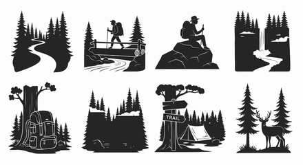 Obraz premium Black and white vector illustrations of hiking and camping scenes