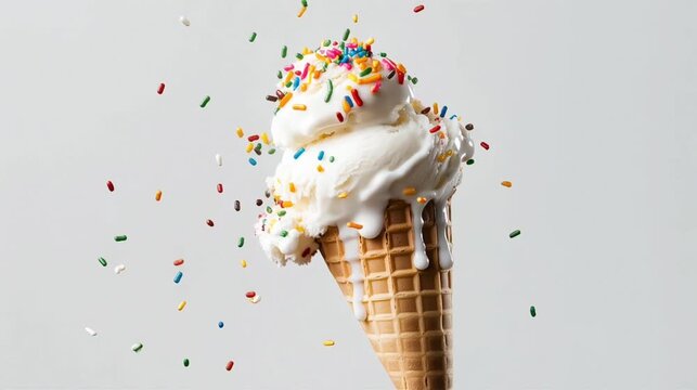 ice cream cone with colorful sprinkles falling from above, dynamic motion, vibrant colors, clean background, 