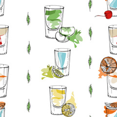 Shot glasses, summer drinks with mint leaf stripes, fruit and citrus garnish. Bright cocktail repeat in playful tones. Hand drawn seamless vector for recipe backgrounds, craft kits, bar menu wrapping © Elena