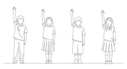 Obraz premium Children raising hands in classroom, education concept, line art